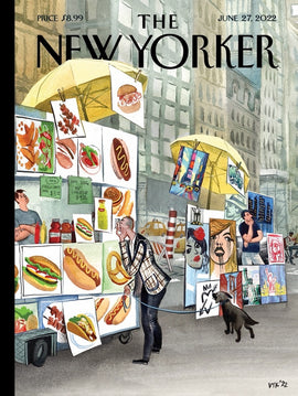 A colorful jigsaw puzzle titled 'Sidewalk Connoisseurs' by New York Puzzle Company featuring a whimsical illustration of a bustling New York street scene, with food vendors, art displays, and pedestrians engaging with their surroundings. The imagery showcases various food items and artistic creations, capturing the vibrant culture of the city. Ideal for puzzle enthusiasts and lovers of urban art.