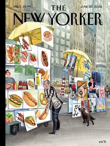 A colorful jigsaw puzzle titled 'Sidewalk Connoisseurs' by New York Puzzle Company featuring a whimsical illustration of a bustling New York street scene, with food vendors, art displays, and pedestrians engaging with their surroundings. The imagery showcases various food items and artistic creations, capturing the vibrant culture of the city. Ideal for puzzle enthusiasts and lovers of urban art.
