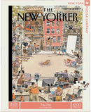 The Top Dog jigsaw puzzle features an illustration from The New Yorker, depicting a bustling film set with crew members, equipment, and a playful dog in the center. Made by New York Puzzle Company, the artwork is vibrant and detailed, showcasing 1000 pieces that promise hours of engaging fun.