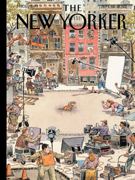 The Top Dog jigsaw puzzle features a whimsical illustration from The New Yorker magazine, depicting a film crew on a set starring a small dog. The scene is bustling with activity, showing various crew members setting up equipment and preparing for the shoot in an urban environment. This colorful and detailed puzzle captures the vibrant chaos of a movie production, making it a delightful challenge for puzzle enthusiasts.
