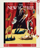 Dog Show jigsaw puzzle featuring playful and colorful illustrations of various dog breeds depicted in a whimsical dog show scene, designed by Mark Ulrichsen. The puzzle consists of 500 pieces, showcasing a vibrant cover from The New Yorker dated June 10, 2002.