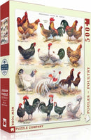 A 500-piece jigsaw puzzle by New York Puzzle Company featuring various breeds of poultry. The box cover showcases illustrated chickens and roosters in a vintage style. Each breed is labeled in French, highlighting their distinct colors and characteristics.