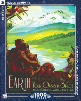 A colorful jigsaw puzzle featuring a vibrant landscape titled 'Your Oasis in Space'. The artwork depicts a serene couple sitting by a peaceful lake with mountains in the background, symbolizing harmony with nature. The puzzle has 1000 pieces and is produced by New York Puzzle Company.