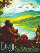 The Oasis in Space Puzzle features a scenic landscape with mountains, a river, and vibrant greenery. A couple sits together, enjoying the serene view, creating a peaceful atmosphere perfect for puzzle enthusiasts.