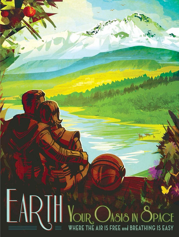 The Oasis in Space Puzzle features a scenic landscape with mountains, a river, and vibrant greenery. A couple sits together, enjoying the serene view, creating a peaceful atmosphere perfect for puzzle enthusiasts.