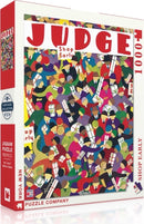 The Judge: Shop Early Puzzle (1000 pieces) by New York Puzzle Company features a vibrant crowd scene with colorful figures carrying shopping bags and gifts. The puzzle box showcases the title in bold letters, set against a backdrop of festive chaos, perfect for puzzle enthusiasts and collectors alike.
