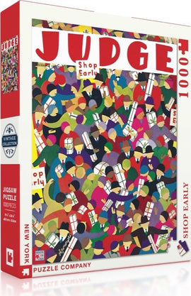 The Judge: Shop Early Puzzle (1000 pieces) by New York Puzzle Company features a vibrant crowd scene with colorful figures carrying shopping bags and gifts. The puzzle box showcases the title in bold letters, set against a backdrop of festive chaos, perfect for puzzle enthusiasts and collectors alike.