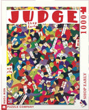 A vibrant 1000-piece jigsaw puzzle titled 'Judge: Shop Early' from New York Puzzle Company. The artwork features a bustling crowd with colorful clothing and gift boxes, evoking a busy shopping scene.