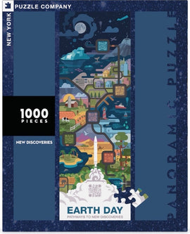 Jigsaw puzzle titled 'New Discoveries' by New York Puzzle Company. The box features a vibrant panoramic design depicting scenes of nature and discovery, with 1000 pieces. It showcases various landscapes and elements related to Earth Day, labeled 'Pathways to New Discoveries'.