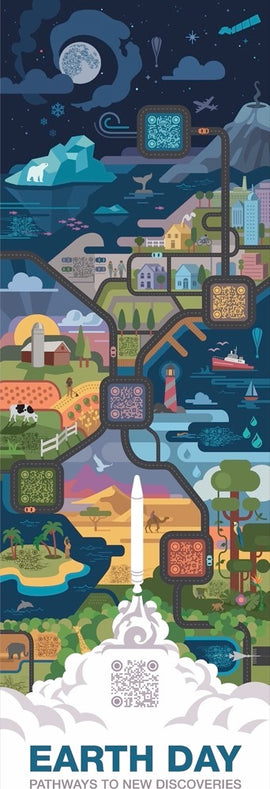 The New Discoveries jigsaw puzzle features a vibrant illustration that showcases various landscapes including mountains, oceans, farms, and urban scenes. The design incorporates engaging elements such as animals, rockets, and symbols representing nature. This puzzle invites players to explore and celebrate Earth Day through a fun and educational activity.