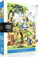 Alice in Wonderland 1000-piece jigsaw puzzle from New York Puzzle Company. The box features a colorful illustration of Alice and various whimsical characters from the classic story, including the White Rabbit and the Mad Hatter, surrounded by a vibrant garden scene. Perfect for puzzle enthusiasts and fans of Lewis Carroll's beloved tale.