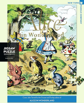 Alice in Wonderland 1000-piece jigsaw puzzle featuring a colorful illustration by John Tenniel. The artwork includes Alice, the Mad Hatter, the Queen of Hearts, and various whimsical creatures set in a vibrant landscape. The puzzle is made by New York Puzzle Company and comes in a charming box design.