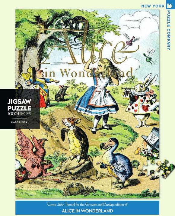 Alice in Wonderland 1000-piece jigsaw puzzle featuring a colorful illustration by John Tenniel. The artwork includes Alice, the Mad Hatter, the Queen of Hearts, and various whimsical creatures set in a vibrant landscape. The puzzle is made by New York Puzzle Company and comes in a charming box design.