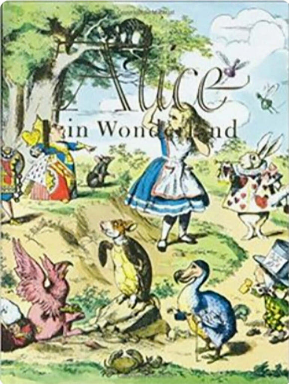 A colorful jigsaw puzzle featuring scenes from Alice in Wonderland, including Alice, the Mad Hatter, and various whimsical characters in a lush, illustrated landscape.