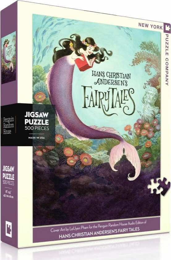 Anderson's Fairy Tales Jigsaw Puzzle featuring whimsical illustration of a mermaid and floral elements, 500 pieces, designed by New York Puzzle Company. Ideal for family fun and creative enjoyment.