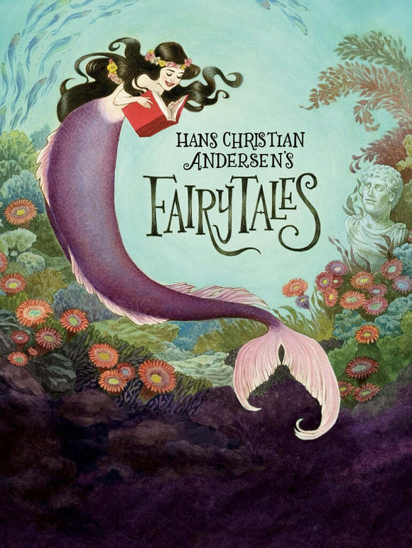 A vibrant illustration featuring a mermaid reading a book titled 'Fairy Tales' amidst colorful underwater flora. This design is inspired by Hans Christian Andersen's fairy tales.