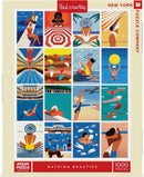 Bathing Beauties jigsaw puzzle by New York Puzzle Company featuring 16 vibrant, colorful illustrations of people enjoying summer activities by the water. The artwork includes depictions of swimmers, sunbathers, and fun beach scenes, all presented in a modern and playful style. This 1000-piece puzzle is perfect for both novice and experienced puzzlers who appreciate cheerful and unique designs.