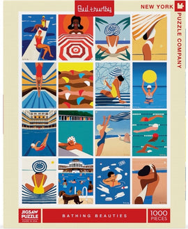 Bathing Beauties jigsaw puzzle by New York Puzzle Company featuring 16 vibrant, colorful illustrations of people enjoying summer activities by the water. The artwork includes depictions of swimmers, sunbathers, and fun beach scenes, all presented in a modern and playful style. This 1000-piece puzzle is perfect for both novice and experienced puzzlers who appreciate cheerful and unique designs.