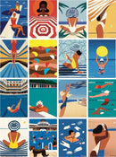 A vibrant jigsaw puzzle titled 'Bathing Beauties' by New York Puzzle Company featuring colorful illustrations of people enjoying various aquatic activities, sunbathing, swimming, and relaxing by the pool. The design showcases diverse characters and summer themes, emphasizing a playful and artistic representation of leisure time at the beach and pool.