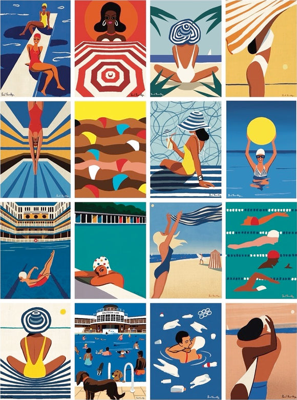 A vibrant jigsaw puzzle titled 'Bathing Beauties' by New York Puzzle Company featuring colorful illustrations of people enjoying various aquatic activities, sunbathing, swimming, and relaxing by the pool. The design showcases diverse characters and summer themes, emphasizing a playful and artistic representation of leisure time at the beach and pool.