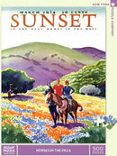 A colorful jigsaw puzzle featuring two riders on horseback in a vibrant flower-filled landscape with hills in the background. The art style is nostalgic, evoking a vintage feel reminiscent of classic magazine covers.