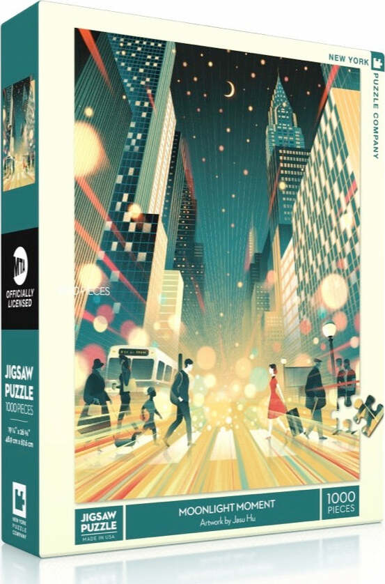 Moonlight Moment jigsaw puzzle by New York Puzzle Company featuring a vibrant city scene illuminated by moonlight. Puzzle contains 1000 pieces and showcases intricate artwork by Jasu Hu, ideal for puzzle enthusiasts.