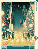 A colorful jigsaw puzzle titled 'Moonlight Moment' featuring an urban scene illuminated by glowing lights, with pedestrians walking amidst skyscrapers at night. The artwork, created by Jasu Hu, showcases a blend of vibrant colors and dynamic movement, perfect for puzzle enthusiasts and city lovers alike. This 1000-piece puzzle by New York Puzzle Company is designed to provide an engaging and immersive challenge.