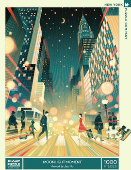 A colorful jigsaw puzzle titled 'Moonlight Moment' featuring an urban scene illuminated by glowing lights, with pedestrians walking amidst skyscrapers at night. The artwork, created by Jasu Hu, showcases a blend of vibrant colors and dynamic movement, perfect for puzzle enthusiasts and city lovers alike. This 1000-piece puzzle by New York Puzzle Company is designed to provide an engaging and immersive challenge.