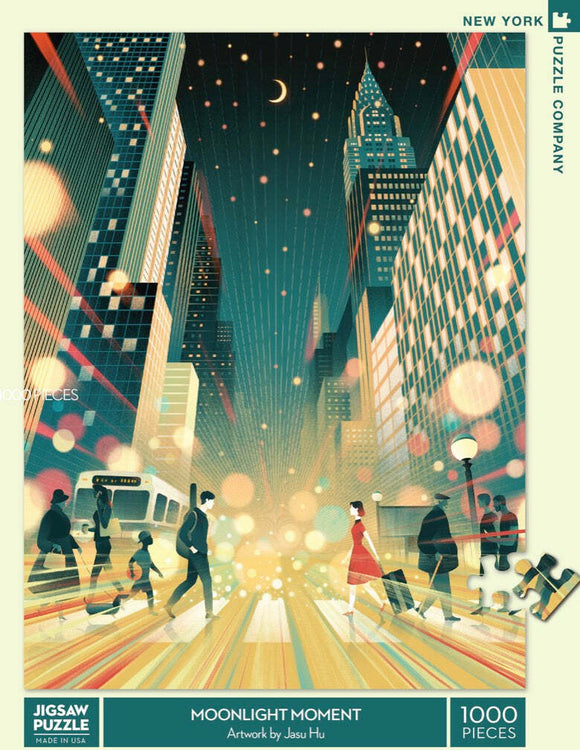 A colorful jigsaw puzzle titled 'Moonlight Moment' featuring an urban scene illuminated by glowing lights, with pedestrians walking amidst skyscrapers at night. The artwork, created by Jasu Hu, showcases a blend of vibrant colors and dynamic movement, perfect for puzzle enthusiasts and city lovers alike. This 1000-piece puzzle by New York Puzzle Company is designed to provide an engaging and immersive challenge.
