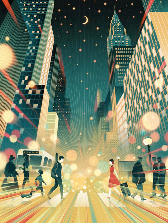 A vibrant, illustrated jigsaw puzzle titled 'Moonlight Moment' depicting a bustling city street at twilight. Skyscrapers glitter under a crescent moon, as pedestrians navigate the illuminated crosswalk, creating a lively urban atmosphere perfect for puzzle enthusiasts.