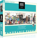 Missed Connections Panoramic Jigsaw Puzzle by New York Puzzle Company, featuring vibrant artwork illustrating diverse characters on a subway. The puzzle contains 1000 pieces and measures 38" x 11" when completed. Perfect for puzzle enthusiasts and art lovers alike.