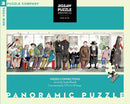 A panoramic jigsaw puzzle featuring the vibrant illustration by Sophie Blackall, depicting diverse characters on a subway. The scene captures various personalities, including individuals in eclectic attire, a bear reading, and an assortment of bags and items, celebrating urban life and missed connections.