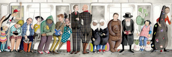 A vibrant illustrated jigsaw puzzle depicting a diverse group of characters seated in a subway car, showcasing various fashion styles and quirky personalities. The artwork features a blend of colors and playful details, perfect for puzzlers who enjoy panoramic scenes.