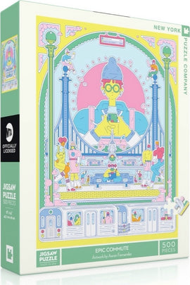 The Epic Commute Puzzle by New York Puzzle Company features a vibrant and colorful illustration depicting a dynamic urban scene filled with characters commuting. The puzzle consists of 500 pieces and is designed for enthusiasts of jigsaw puzzles, showcasing intricate details and lively characters in a playful cartoon style. Ideal for family gatherings or relaxing evenings, this puzzle is a delightful way to engage with friends and loved ones.