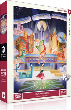 Midtown Magic Jigsaw Puzzle by New York Puzzle Company featuring vibrant artwork by Sija Hong. The box displays a colorful scene of Manhattan with fantastical elements and a lively skyline. This 1000-piece jigsaw puzzle is ideal for puzzle enthusiasts and art lovers alike.