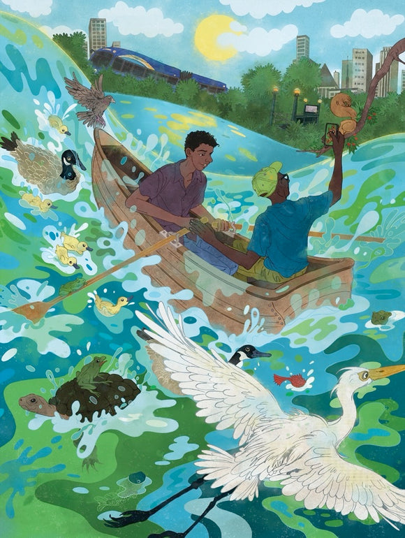 A colorful jigsaw puzzle illustration depicting two individuals in a rowboat on a vibrant body of water filled with various animals like ducks and turtles. In the background, a train is passing by amidst a city skyline and greenery under a sunny sky.