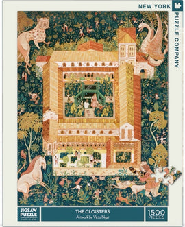 The Cloisters jigsaw puzzle by New York Puzzle Company features intricate artwork by Victo Ngai, depicting a vibrant medieval scene with gardens, mythical creatures, and detailed architecture, composed of 1500 pieces.