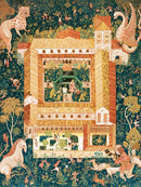 Cloisters jigsaw puzzle by New York Puzzle Company featuring a vibrant, illustrated scene of a medieval cloister garden filled with fantastical creatures and people, adorned with lush greenery and intricate details.