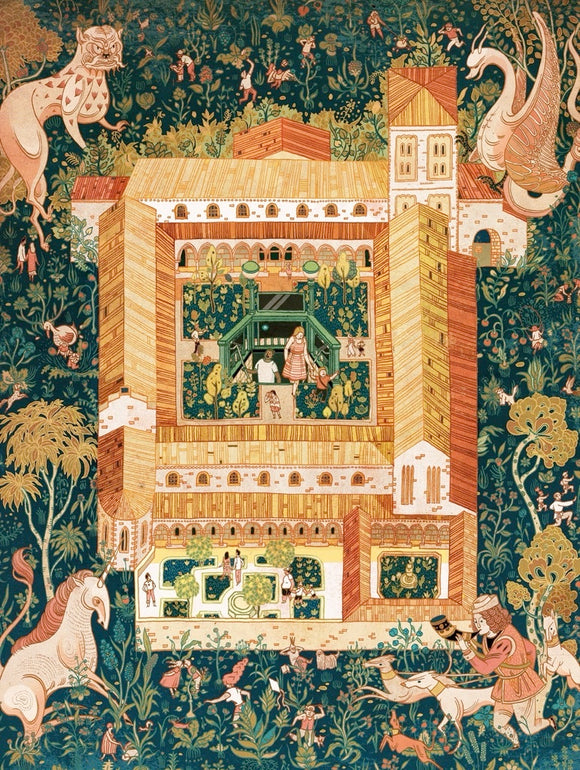Cloisters jigsaw puzzle by New York Puzzle Company featuring a vibrant, illustrated scene of a medieval cloister garden filled with fantastical creatures and people, adorned with lush greenery and intricate details.