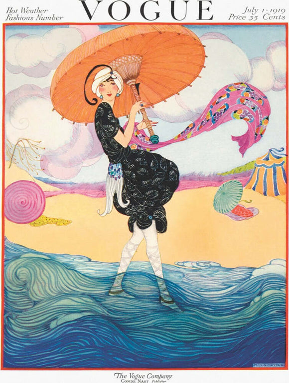 A stylish jigsaw puzzle featuring an elegant woman holding a parasol, dressed in black with floral patterns. She stands amid swirling waves, with colorful umbrellas and a vibrant background portraying a sunny day. The serene image evokes a sense of leisure and artistry, perfect for puzzle enthusiasts and art lovers.