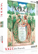 The Pretty as a Peacock Puzzle by New York Puzzle Company features an intricate vintage Vogue magazine cover illustration with a peacock and a woman in elegant attire surrounded by lush greenery. This 1000-piece jigsaw puzzle showcases vibrant colors and detailed artwork, making it perfect for puzzle enthusiasts and collectors alike.