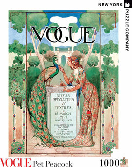 A vibrant jigsaw puzzle featuring a vintage Vogue magazine cover from March 18, 1909, showcasing a woman and a peacock amidst lush green trees and decorative borders. The intricate design highlights the elegance of the fashion details from that era, with rich colors and artistic elements, perfect for puzzle enthusiasts.