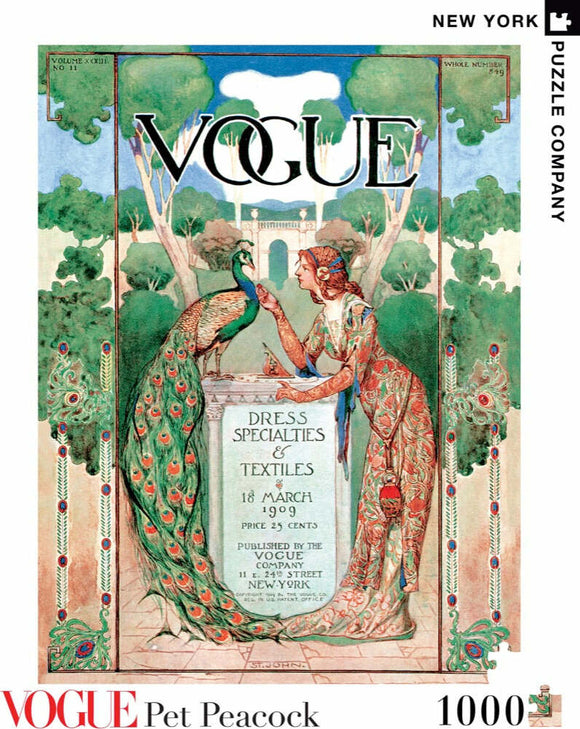 A vibrant jigsaw puzzle featuring a vintage Vogue magazine cover from March 18, 1909, showcasing a woman and a peacock amidst lush green trees and decorative borders. The intricate design highlights the elegance of the fashion details from that era, with rich colors and artistic elements, perfect for puzzle enthusiasts.