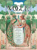 A vibrant jigsaw puzzle featuring a peacock and an elegantly dressed woman in a lush garden setting. The design is inspired by vintage Vogue illustrations, showcasing intricate details and rich colors, perfect for puzzle lovers and art enthusiasts alike.