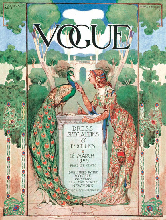 A vibrant jigsaw puzzle featuring a peacock and an elegantly dressed woman in a lush garden setting. The design is inspired by vintage Vogue illustrations, showcasing intricate details and rich colors, perfect for puzzle lovers and art enthusiasts alike.