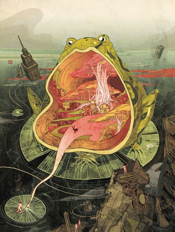 Utopia Jigsaw Puzzle by New York Puzzle Company featuring an intricate illustration of a giant frog with an eerie mouth full of surreal landscapes, trees, and structures. The background displays a post-apocalyptic world with hints of urban decay, including a tilted skyscraper and abstract elements, all set against a muted color palette.