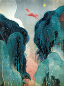 A vibrant jigsaw puzzle titled 'Leap' by New York Puzzle Company, featuring an artistic illustration of a leaping red fox against abstract tree-like forms in shades of teal, bluish-green, and soft pink with a serene background and subtle stars.