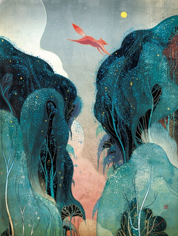 A vibrant jigsaw puzzle titled 'Leap' by New York Puzzle Company, featuring an artistic illustration of a leaping red fox against abstract tree-like forms in shades of teal, bluish-green, and soft pink with a serene background and subtle stars.