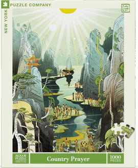 The Country Prayer jigsaw puzzle by New York Puzzle Company features a serene landscape with towering rocks and a winding river. People are seen engaging in daily activities along the banks, surrounded by lush greenery. The sun shines brightly overhead, casting a warm glow over the scene. This 1000-piece puzzle captures a peaceful moment in nature, ideal for relaxation and mindfulness.