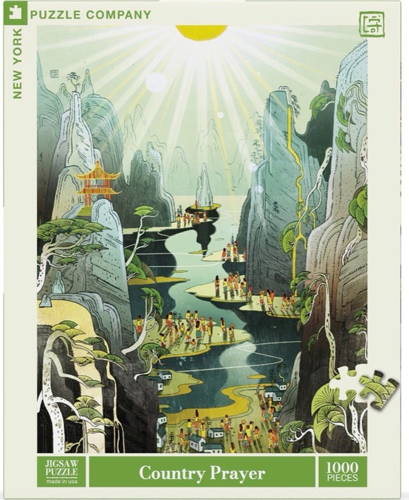The Country Prayer jigsaw puzzle by New York Puzzle Company features a serene landscape with towering rocks and a winding river. People are seen engaging in daily activities along the banks, surrounded by lush greenery. The sun shines brightly overhead, casting a warm glow over the scene. This 1000-piece puzzle captures a peaceful moment in nature, ideal for relaxation and mindfulness.